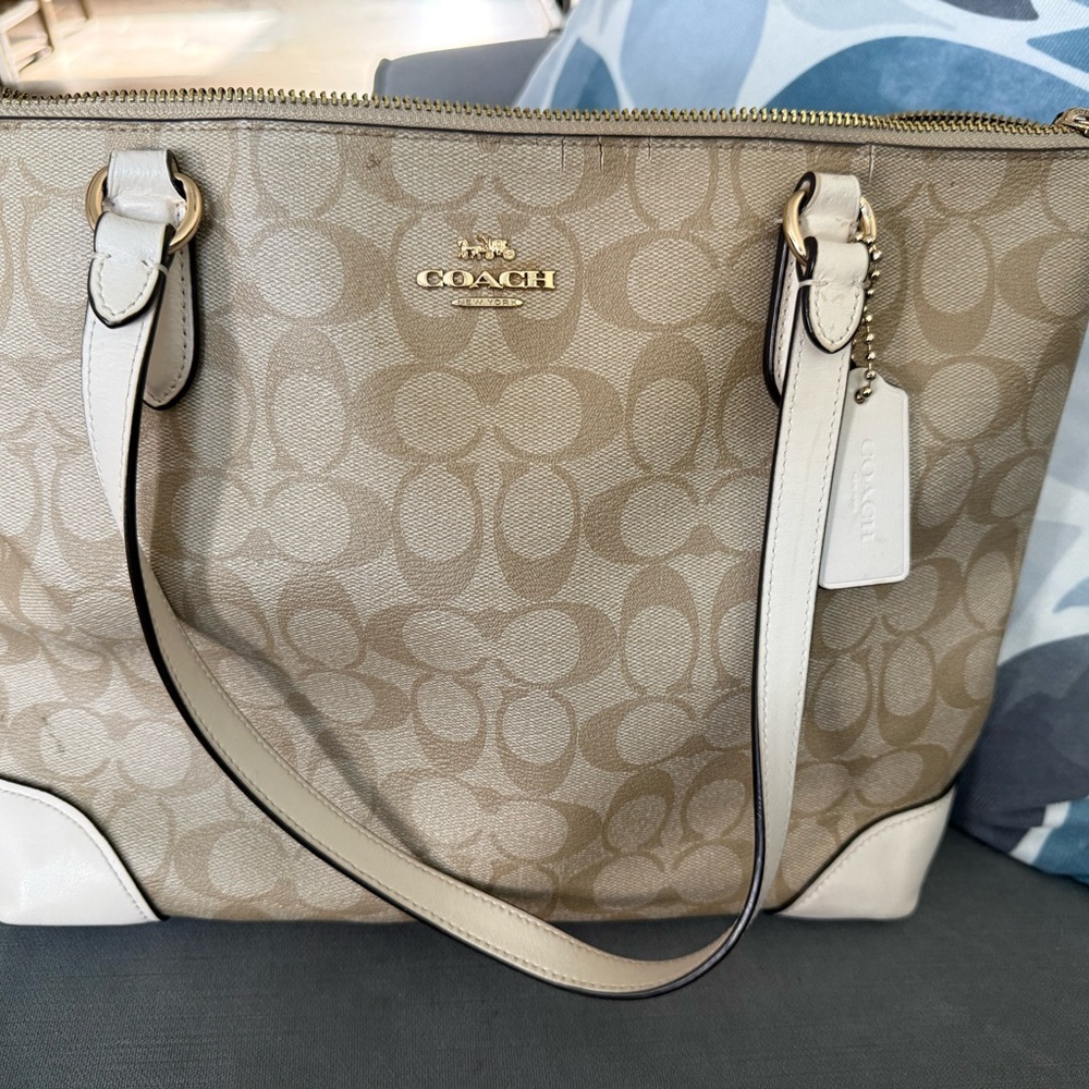 Coach Beige Signature Canvas Tote with White Trim and Gold Hardware
